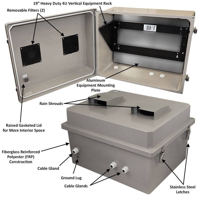 Altelix 16x20x12 Fiberglass Weatherproof Vented NEMA Enclosure with Heavy Duty 19" Wide 4U Vertical Rack Frame