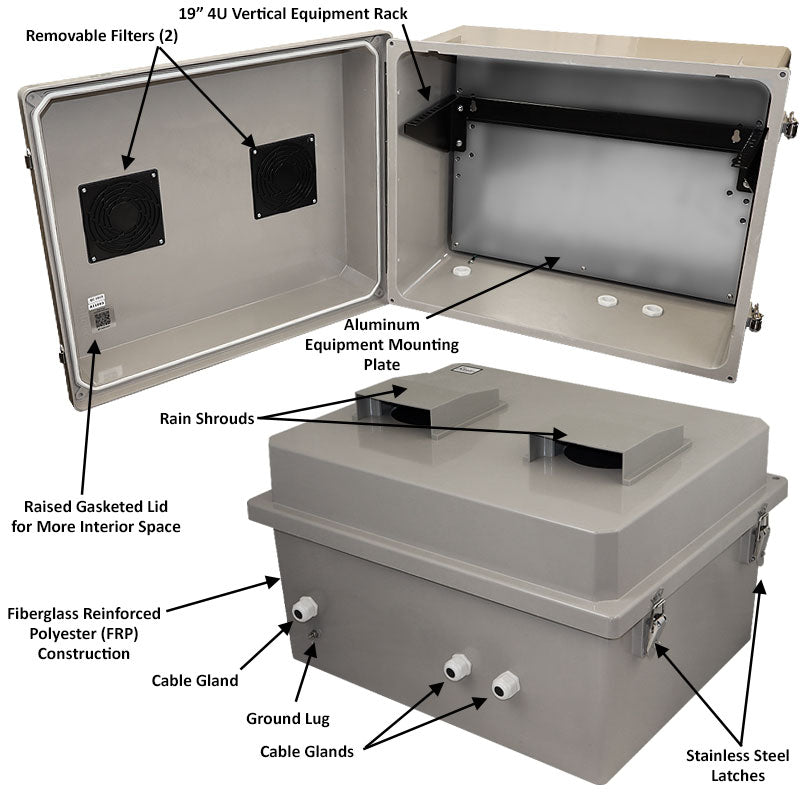 Altelix 16x20x12 Fiberglass Weatherproof Vented NEMA Enclosure with 19" Wide 4U Vertical Rack Frame