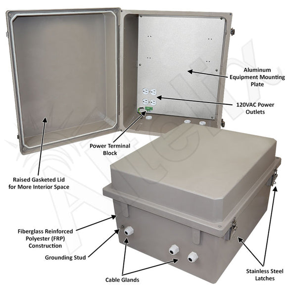 Altelix Fiberglass Weatherproof NEMA Enclosure with Aluminum Mounting Plate, 120 VAC Outlets