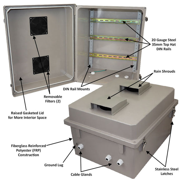 Altelix 20x16x12 Vented Industrial DIN Rail Fiberglass Enclosure