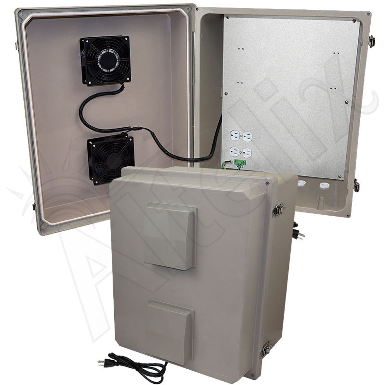 Altelix Fiberglass Weatherproof Vented NEMA Enclosure with 85 degree Turn On Dual Cooling Fans, 120 VAC Outlets & Power Cord - 0