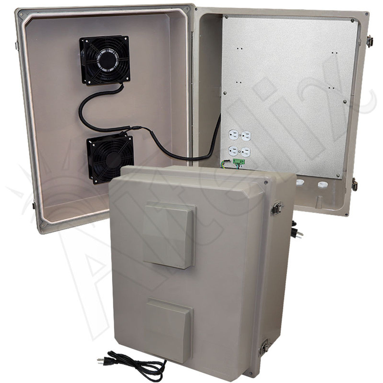 Altelix 20x16x12 Fiberglass Weatherproof Vented NEMA Enclosure with Dual Cooling Fans, 120 VAC Outlets & Power Cord