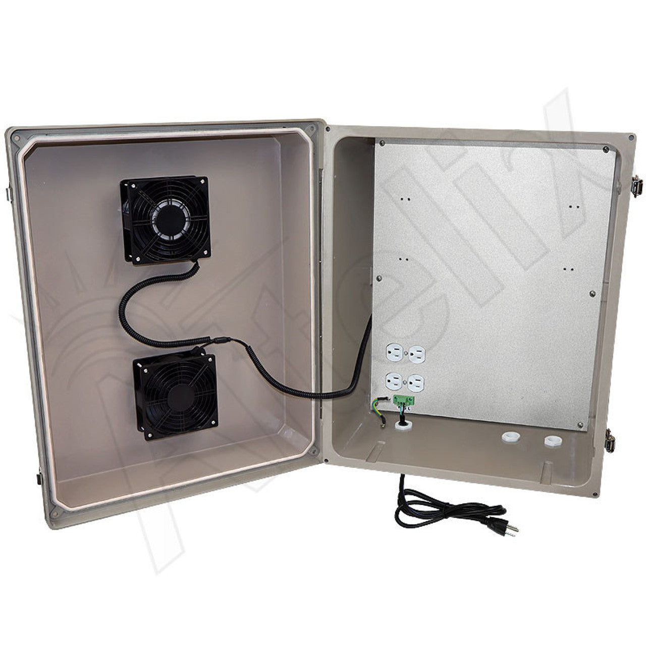 Altelix Fiberglass Weatherproof Vented NEMA Enclosure with 85 degree Turn On Dual Cooling Fans, 120 VAC Outlets & Power Cord