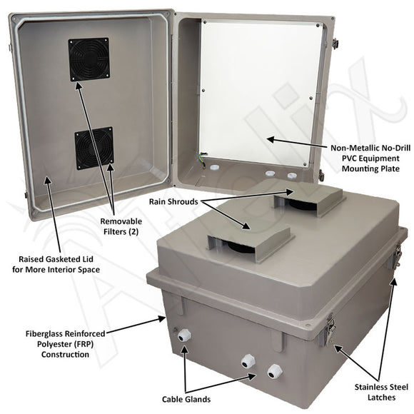 Altelix 16x20X12 Fiberglass Weatherproof Vented NEMA Enclosure with Blank Non-Metallic Equipment Mounting Plate