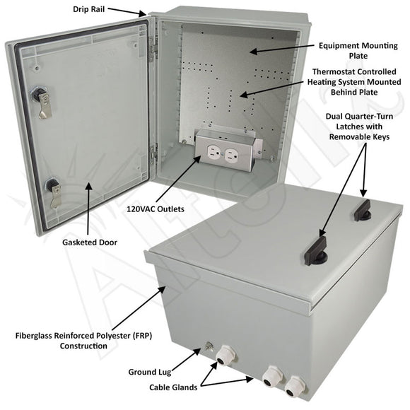 Altelix NEMA 4X Heated Fiberglass Weatherproof Enclosure with Equipment Mounting Plate & 120 VAC Outlets
