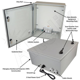 Altelix NEMA 3X Fiberglass Weatherproof WiFi Enclosure with Non-Metallic Equipment Mounting Plate & 120 VAC Outlets & Power Cord - 0