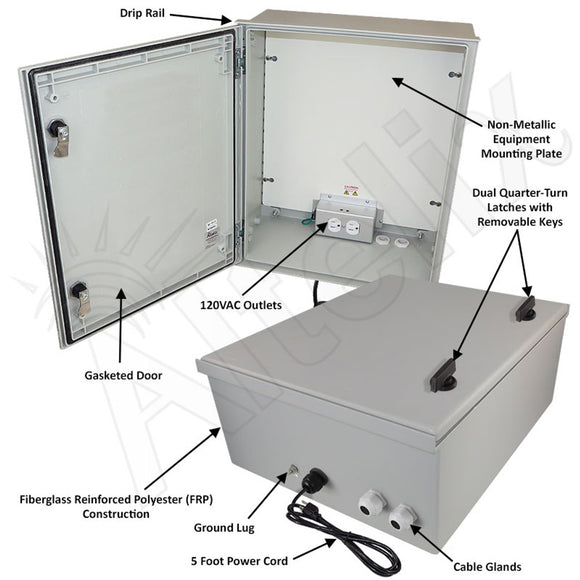Altelix NEMA 3X Fiberglass Weatherproof WiFi Enclosure with Non-Metallic Equipment Mounting Plate & 120 VAC Outlets & Power Cord