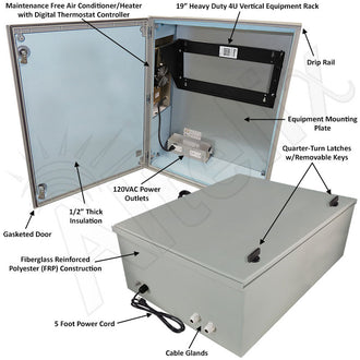 Altelix Air Conditioned Enclosure with Heat and Vertical 4U Equipment Rack - 32x24x12 Fiberglass FRP Weatherproof NEMA 4X Rated with 120VAC Power Outlets - 0