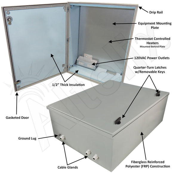 Altelix Insulated NEMA 4X Fiberglass Heated Weatherproof Enclosure with Equipment Mounting Plate, 400W Heater & 120 VAC Outlets