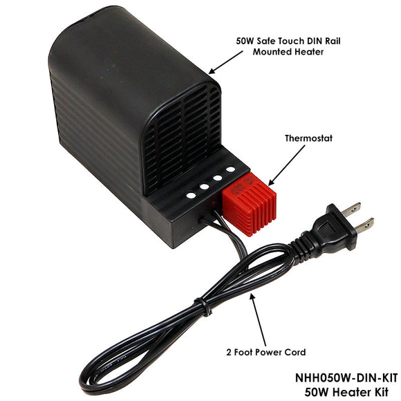 DIN Rail Mountable Heater Kit - 50W or 100W with Thermostat and Power Cord