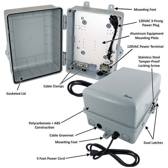 Altelix 12x9x7 NEMA 4X PC+ABS Weatherproof Utility Box NEMA Enclosure with 120 VAC 3-Prong Power Plug & Power Cord