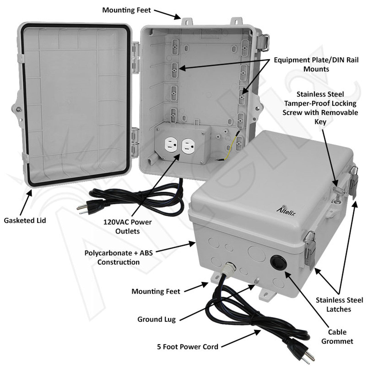 Altelix 12x9x7 Polycarbonate + ABS NEMA 4X RF Transparent Outdoor WiFi Enclosure with 120 VAC Outlets & Power Cord