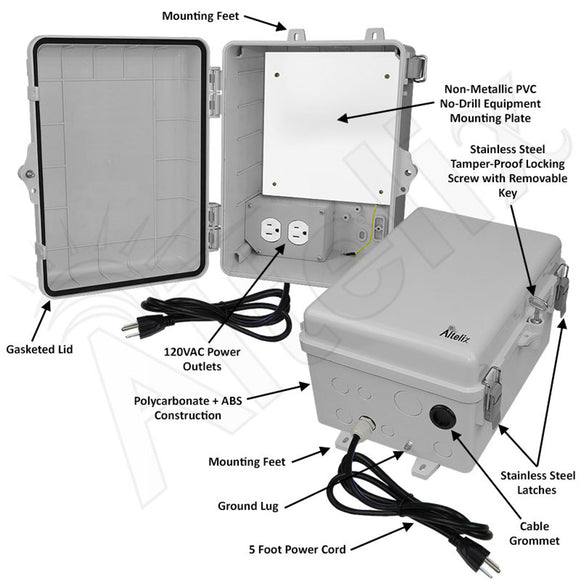 Altelix 12x9x7 Polycarbonate + ABS NEMA 4X RF Transparent Outdoor WiFi Enclosure with No-Drill PVC Equipment Mounting Plate, 120 VAC Outlets & Power Cord