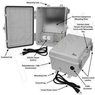 Altelix 12x9x7 Polycarbonate + ABS NEMA 4X Enclosure with Aluminum Equipment Mounting Plate, 120 VAC Outlets & Power Cord - 0