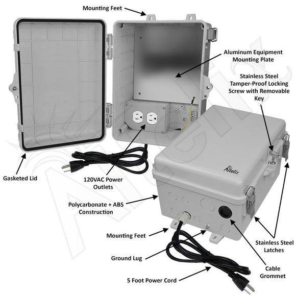 Altelix 12x9x7 Polycarbonate + ABS NEMA 4X Enclosure with Aluminum Equipment Mounting Plate, 120 VAC Outlets & Power Cord