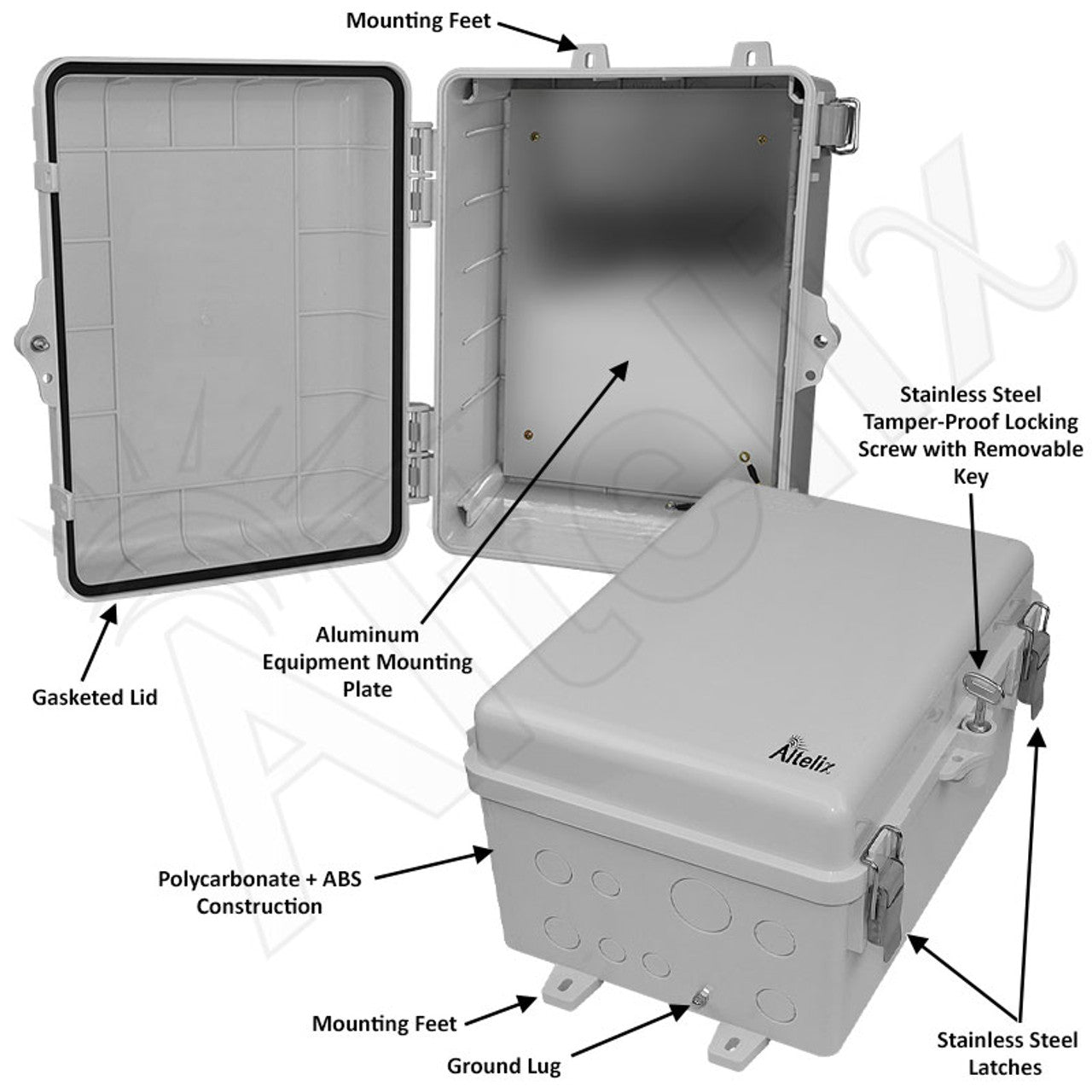 Altelix 12x9x7 Polycarbonate + ABS NEMA 4X Enclosure with Aluminum Equipment Mounting Plate