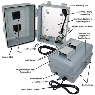 Altelix 12x9x7 PC+ABS Weatherproof Vented Utility Box NEMA Enclosure with 120 VAC 3-Prong Power Plug & Power Cord - 0