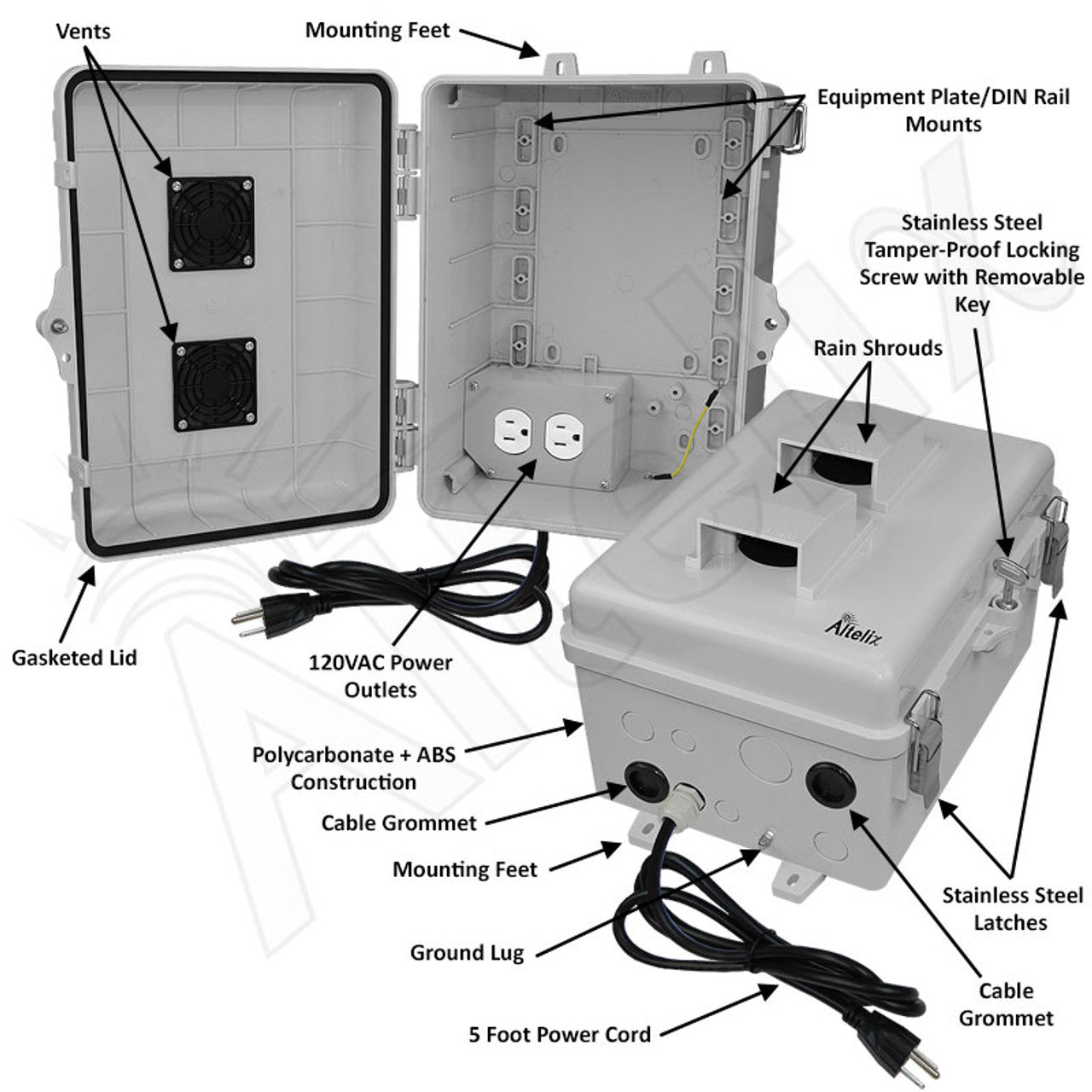 Altelix 12x9x7 Polycarbonate + ABS Vented RF Transparent Outdoor WiFi Enclosure with 120 VAC Outlets & Power Cor