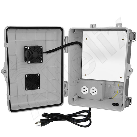Altelix 12x9x7 Polycarbonate + ABS Vented RF Transparent Outdoor WiFi Enclosure with No-Drill PVC Equipment Mounting Plate, Cooling Fan, 120 VAC Outlets & Power Cord