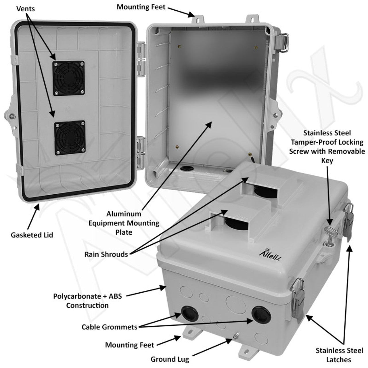 Altelix 12x9x7 Polycarbonate + ABS Vented Enclosure with Aluminum Equipment Mounting Plate