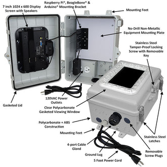 Altelix Single-Board Computer SBC Enclosure with 7" Display Screen - Weatherproof NEMA 4X Windowed Enclosure with 1024x600 Display Screen, Universal Mount for Raspberry Pi®, BeagleBone® and Arduino®, Integral 120VAC Power Outlets - 0