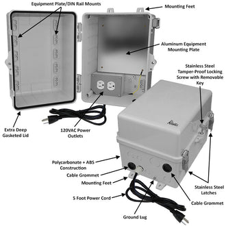 Altelix 12x9x9 Polycarbonate + ABS NEMA 4X Enclosure with Aluminum Equipment Mounting Plate, 120 VAC Outlets & Power Cord
