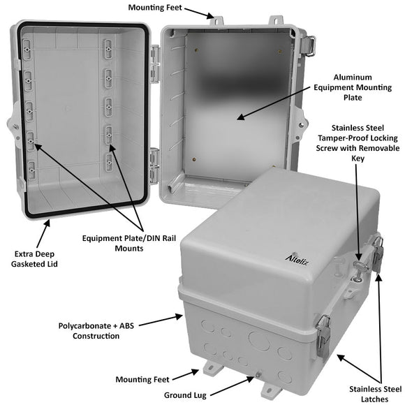 Altelix 12x9x9 Polycarbonate + ABS NEMA 4X Enclosure with Aluminum Equipment Mounting Plate