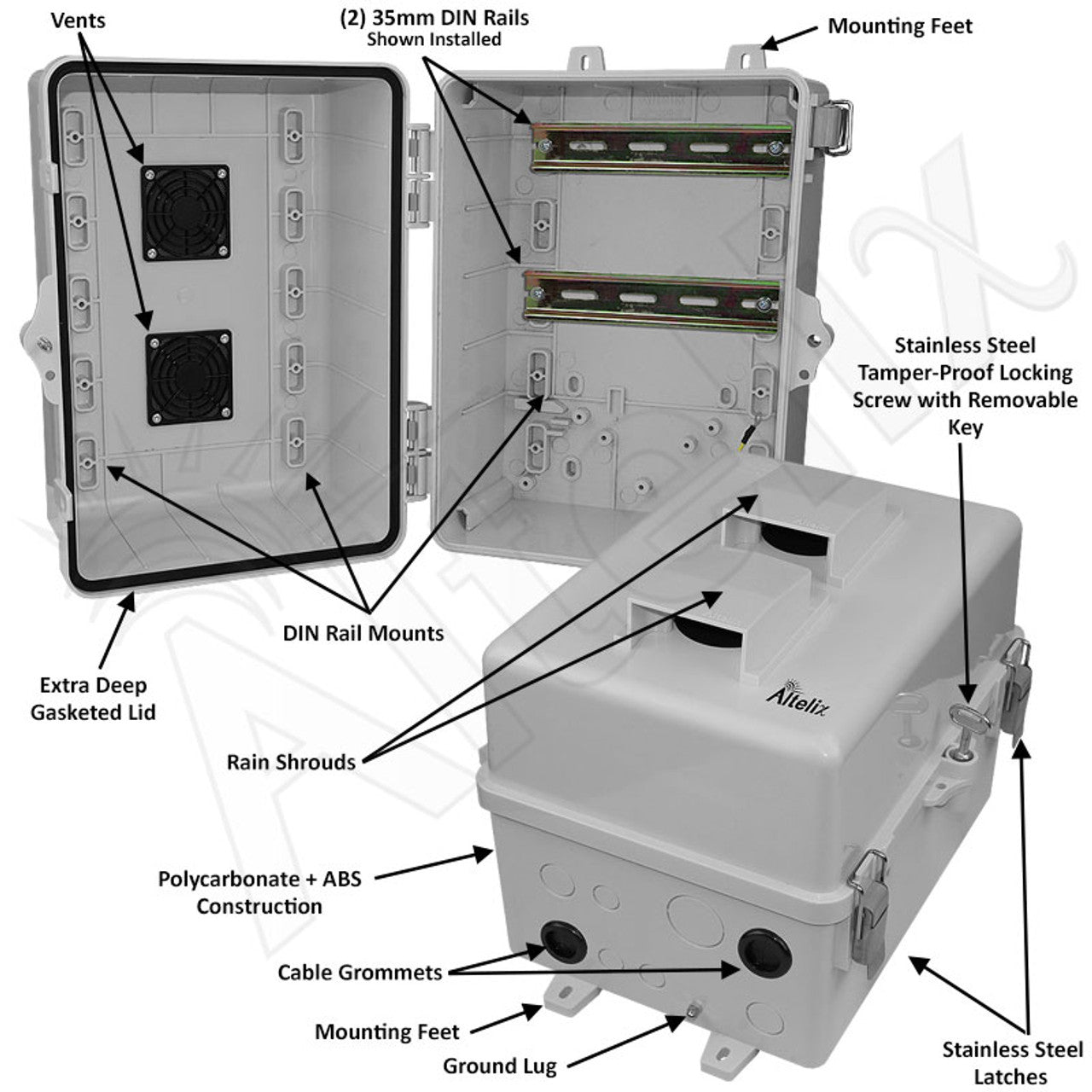 Altelix 12x9x9 Polycarbonate + ABS Vented DIN Rail Enclosure