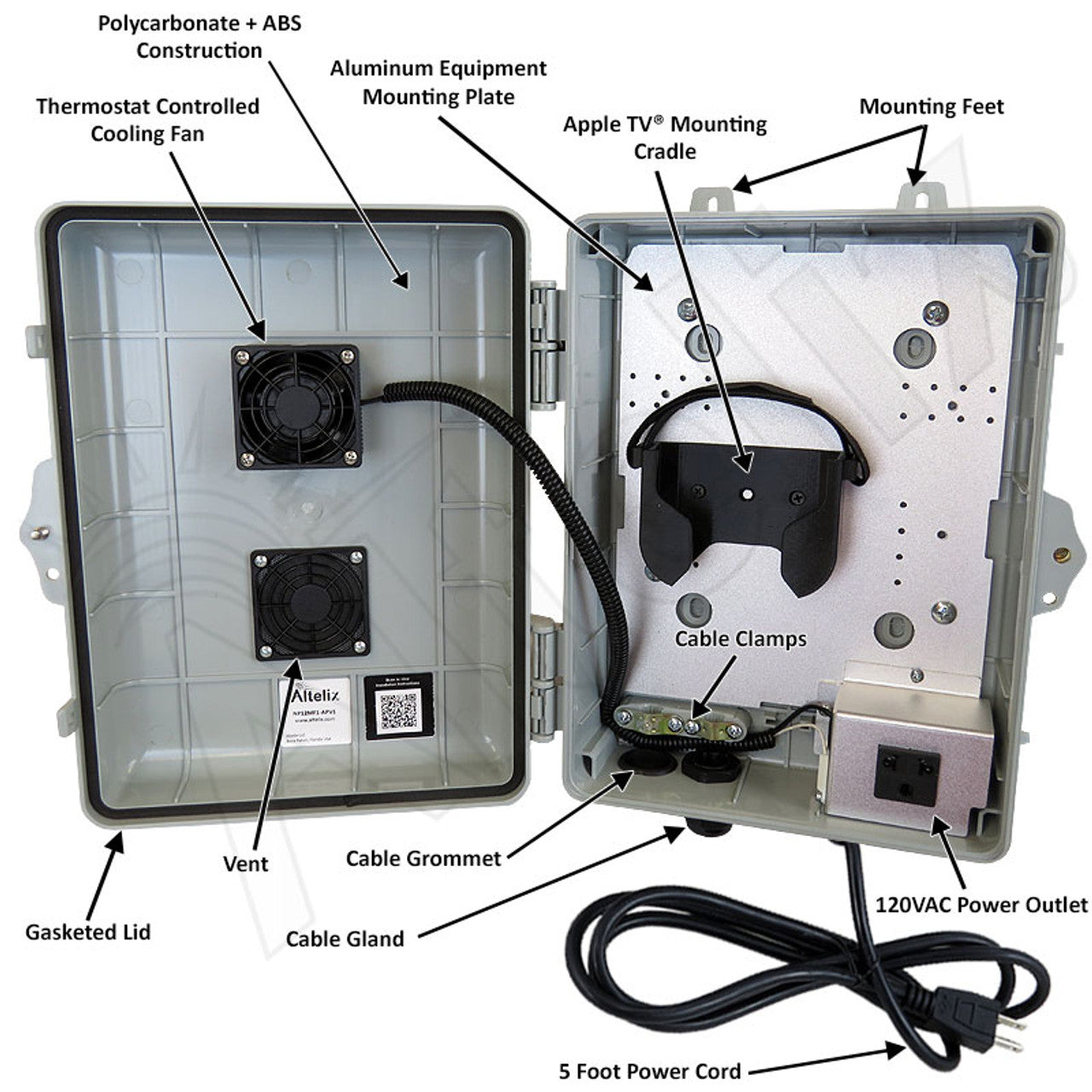 Altelix Weatherproof Enclosure for Apple TV® 4K with Cooling Fan, 120VAC Outlet and Power Cord