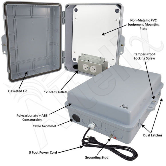 Altelix 14x11x5 Polycarbonate + ABS RF Transparent Outdoor WiFi Enclosure with No-Drill PVC Equipment Mounting Plate, 120 VAC Outlets & Power Cord