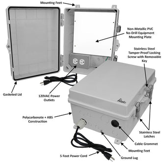 Altelix 14x11x7 Polycarbonate + ABS NEMA 4X RF Transparent Outdoor WiFi Enclosure with No-Drill PVC Equipment Mounting Plate, 120 VAC Outlets & Power Cord