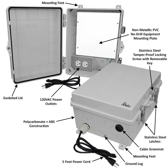 Altelix 14x11x7 Polycarbonate + ABS NEMA 4X RF Transparent Outdoor WiFi Enclosure with No-Drill PVC Equipment Mounting Plate, 120 VAC Outlets & Power Cord