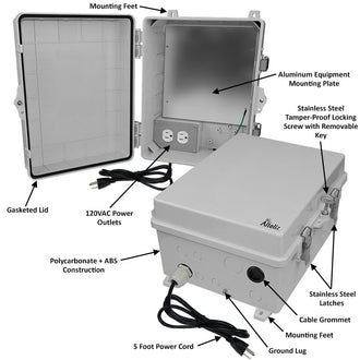 Altelix 14x11x7 Polycarbonate + ABS NEMA 4X Enclosure with Aluminum Equipment Mounting Plate, 120 VAC Outlets & Power Cord