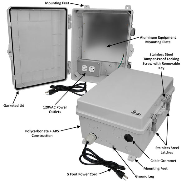 Altelix 14x11x7 Polycarbonate + ABS NEMA 4X Enclosure with Aluminum Equipment Mounting Plate, 120 VAC Outlets & Power Cord