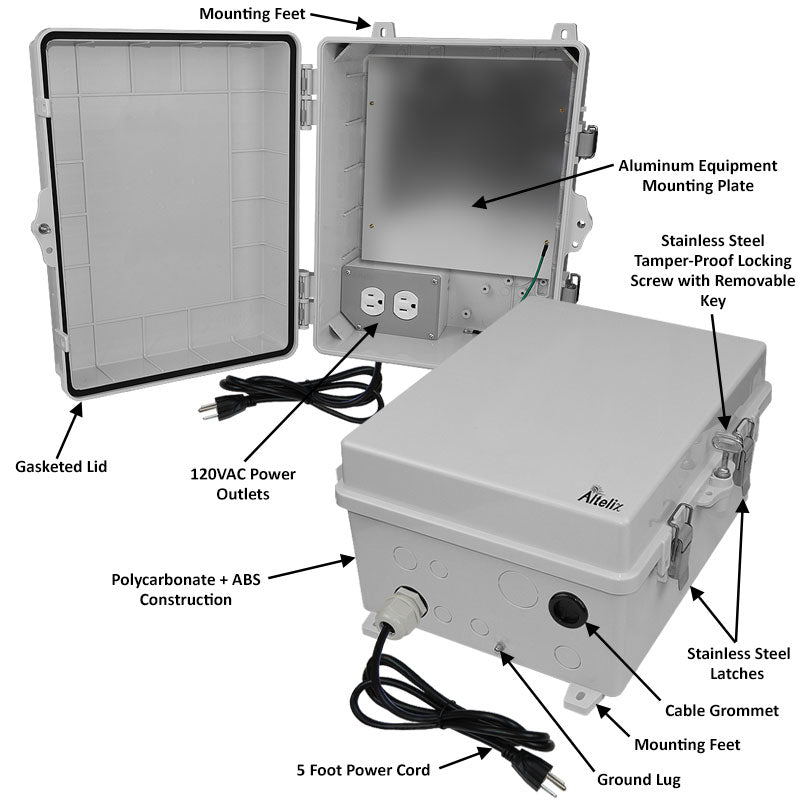 Altelix 14x11x7 Polycarbonate + ABS NEMA 4X Enclosure with Aluminum Equipment Mounting Plate, 120 VAC Outlets & Power Cord