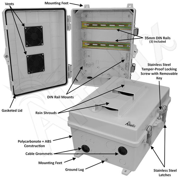 Altelix 14x11x7 Polycarbonate + ABS Vented DIN Rail Enclosure