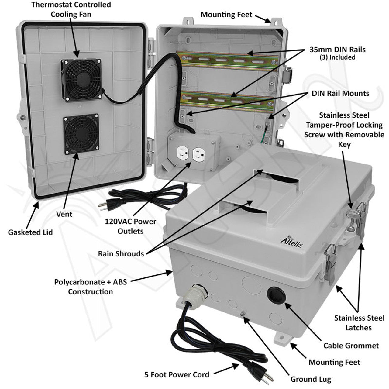 Altelix 14x11x7 Polycarbonate + ABS Vented DIN Rail Enclosure with Cooling Fan, 120 VAC Outlets & Power Cord - 0