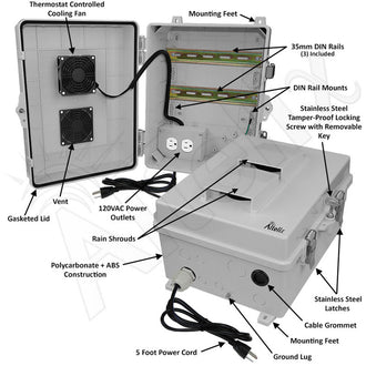 Altelix 14x11x7 Polycarbonate + ABS Vented DIN Rail Enclosure with Cooling Fan, 120 VAC Outlets & Power Cord - 0