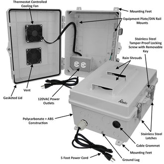 Altelix 14x11x7 Polycarbonate + ABS Vented RF Transparent Outdoor WiFi Enclosure with Cooling Fan, 120 VAC Outlets & Power Cord