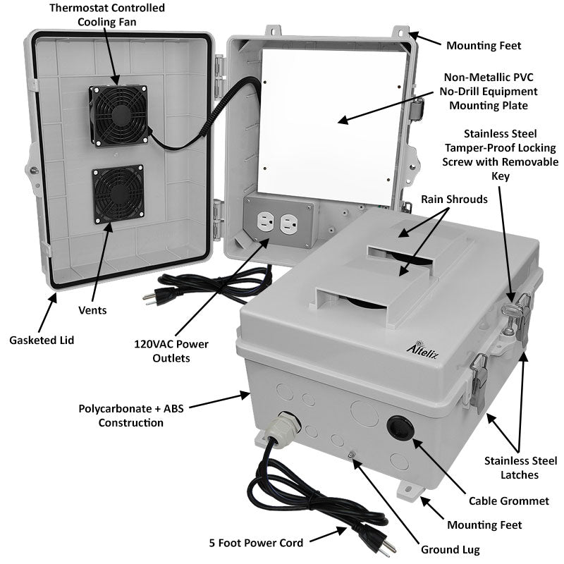 Altelix 14x11x7 Polycarbonate + ABS Vented RF Transparent Outdoor WiFi Enclosure with No-Drill PVC Equipment Mounting Plate, Cooling Fan, 120 VAC Outlets & Power Cord
