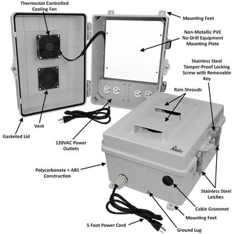 Altelix Polycarbonate + ABS Vented RF Transparent Outdoor WiFi Enclosure with No-Drill PVC Equipment Mounting Plate, Cooling Fan, 120 VAC Outlets & Power Cord - 0
