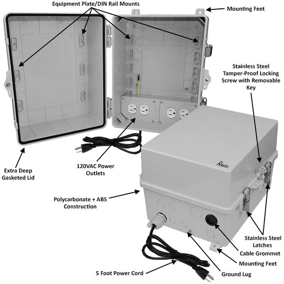 Altelix Polycarbonate + ABS NEMA 4X RF Transparent Outdoor WiFi Enclosure with 120 VAC Outlets & Power Cord