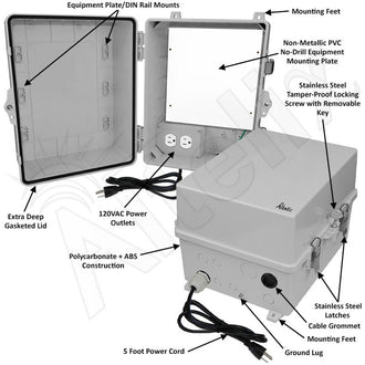 Altelix 14x11x9 Polycarbonate + ABS NEMA 4X RF Transparent Outdoor WiFi Enclosure with No-Drill PVC Equipment Mounting Plate, 120 VAC Outlets & Power Cord - 0