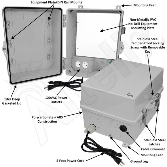 Altelix 14x11x9 Polycarbonate + ABS NEMA 4X RF Transparent Outdoor WiFi Enclosure with No-Drill PVC Equipment Mounting Plate, 120 VAC Outlets & Power Cord