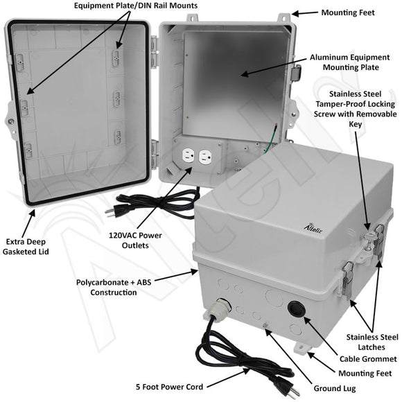 Altelix 14x11x9 Polycarbonate + ABS NEMA 4X Enclosure with Aluminum Equipment Mounting Plate, 120 VAC Outlets & Power Cord