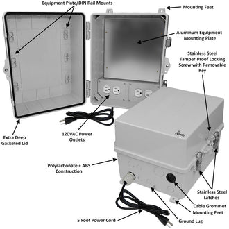 Altelix Polycarbonate + ABS NEMA 4X Enclosure with Aluminum Equipment Mounting Plate, 120 VAC Outlets & Power Cord - 0