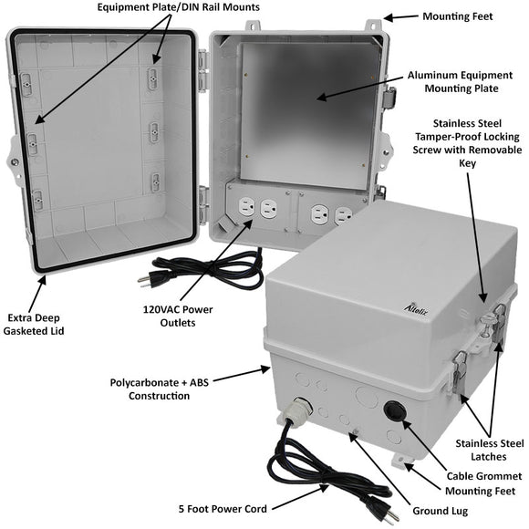 Altelix Polycarbonate + ABS NEMA 4X Enclosure with Aluminum Equipment Mounting Plate, 120 VAC Outlets & Power Cord