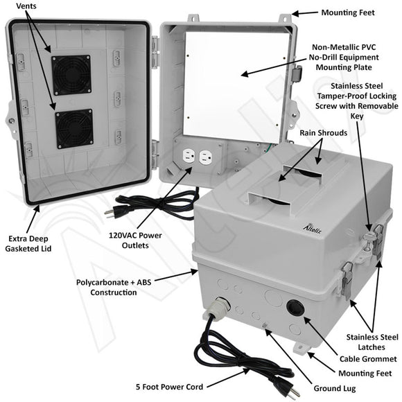 Altelix 14x11x9 Polycarbonate + ABS Vented RF Transparent Outdoor WiFi Enclosure with No-Drill PVC Equipment Mounting Plate, 120 VAC Outlets & Power Cord