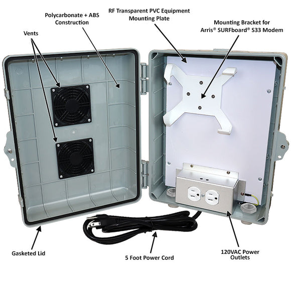 Altelix Weatherproof Vented Enclosure for Arris® SURFboard® S33 DOCSIS® 3.1 Cable Modem with 120VAC Outlets and Power Cord