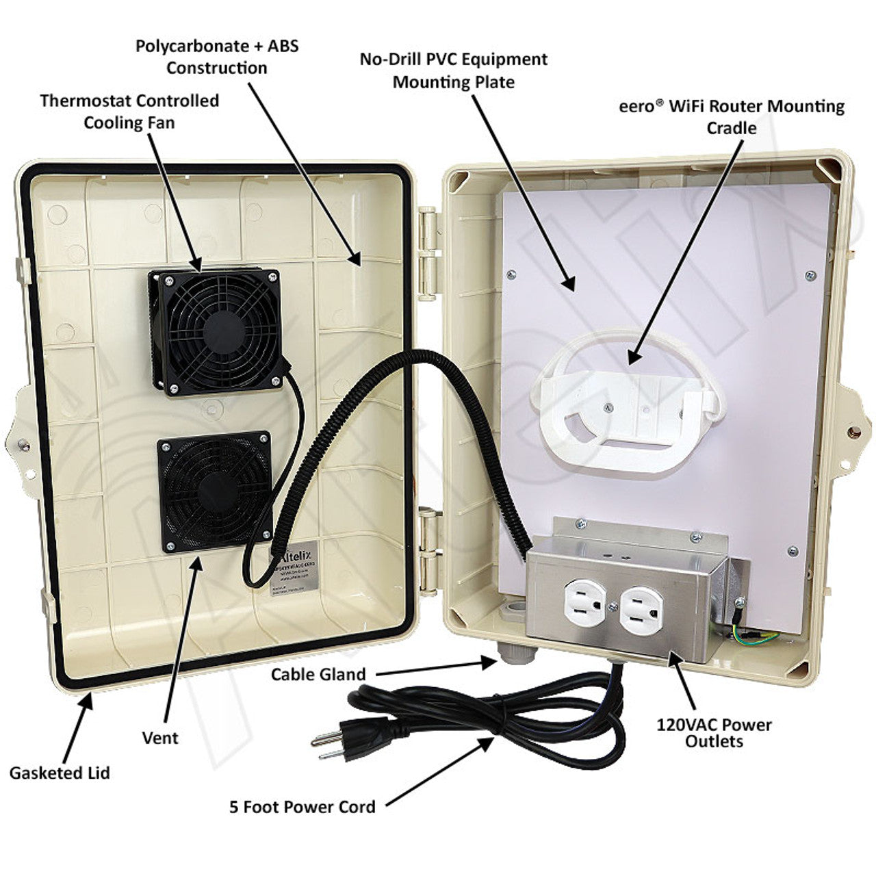 Altelix Weatherproof Vented WiFi Enclosure for Amazon eero® Router with Cooling Fan, 120VAC Outlet and Power Cord